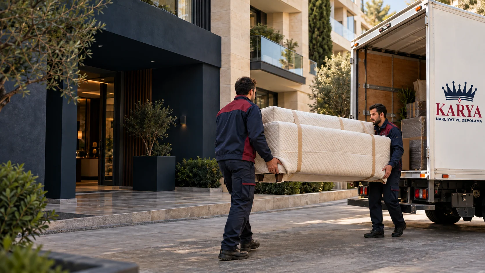 Karya taşıma hizmetini anlatan paketlenmiş koltuk ve ekip görseli